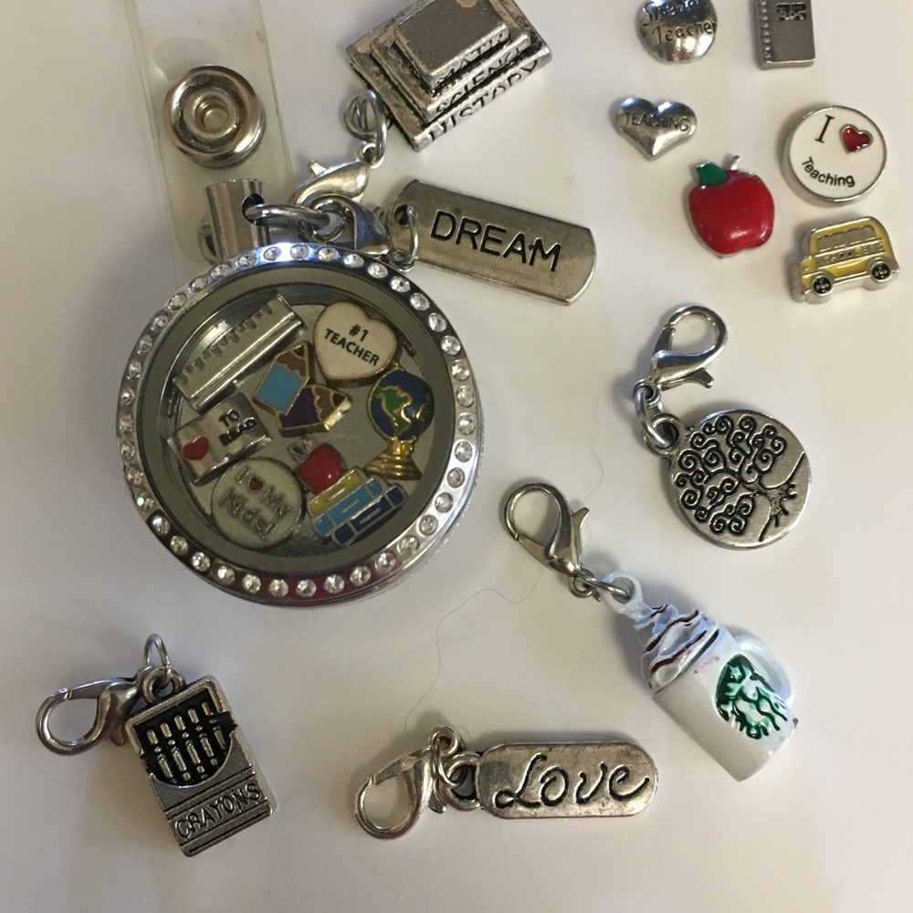 Floating Lockets for Teachers/Nurses Lanyard or Reel Style includes 5 charms